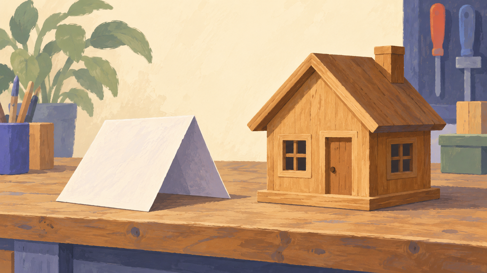 A folded paper shelter stands beside a permanent wooden house on a workbench