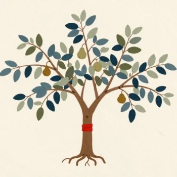 Branches connect to one rooted tree, with a vermilion band marking their shared trunk