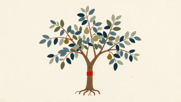 Branches connect to one rooted tree, with a vermilion band marking their shared trunk