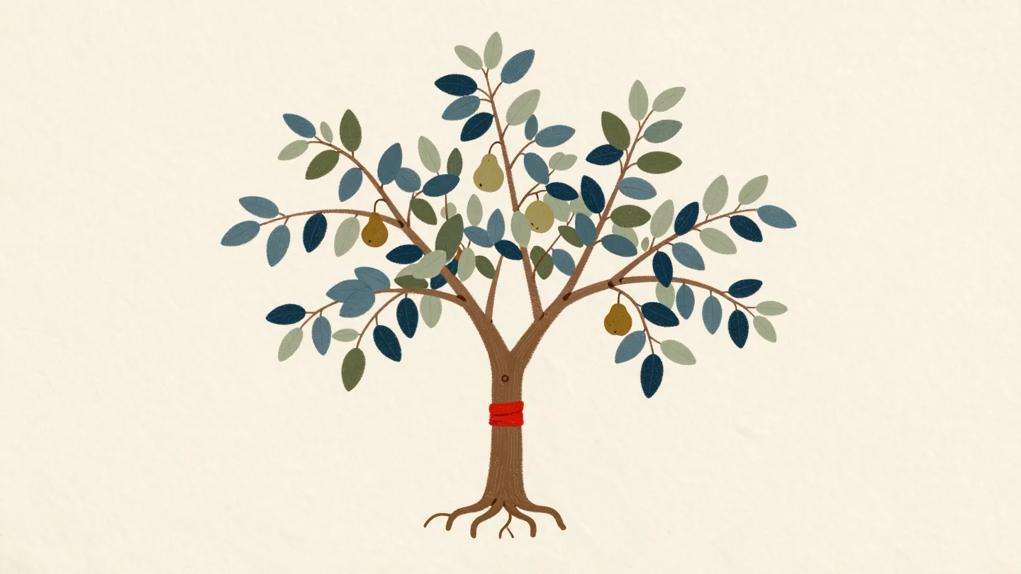 Branches connect to one rooted tree, with a vermilion band marking their shared trunk
