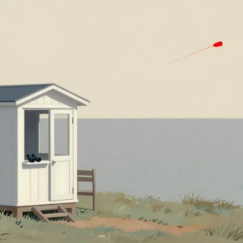 An empty coastguard lookout hut on a cliff while a vermilion distress flare arcs over the sea.