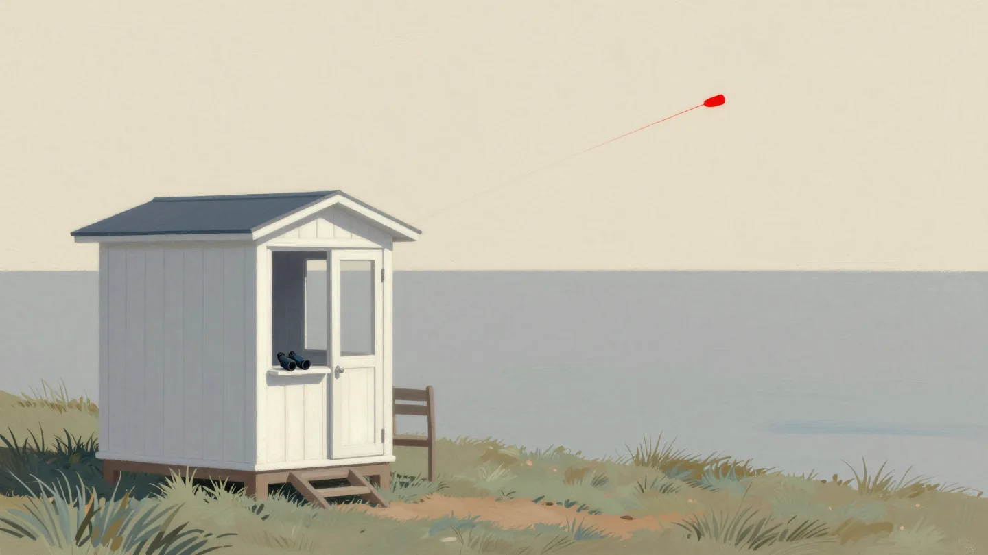 An empty coastguard lookout hut on a cliff while a vermilion distress flare arcs over the sea.