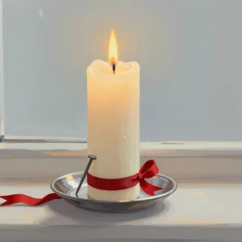 A burning candle with an iron nail in its side above a pewter dish, a red ribbon below.