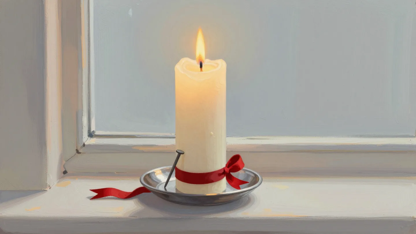A burning candle with an iron nail in its side above a pewter dish, a red ribbon below.