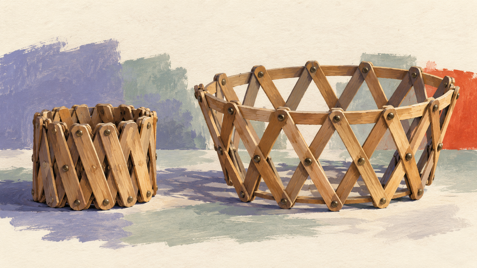 The same accordion basket construction appears compact and expanded