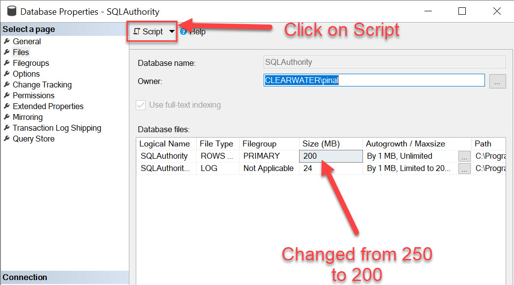 Original Database Properties Files view marks a reduction from250to200MB and the Script button