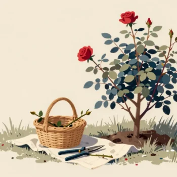 A basket keeps the cut stems removed from a rose bush