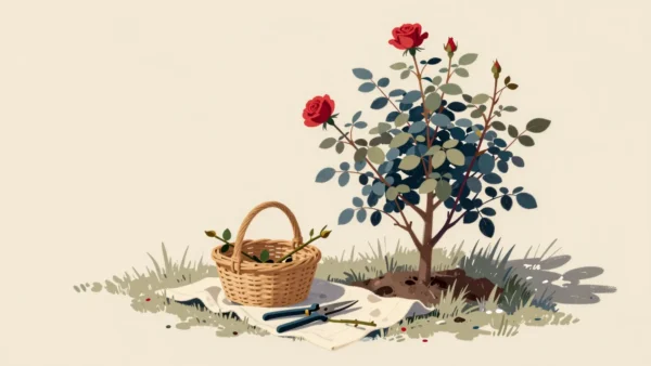 A basket keeps the cut stems removed from a rose bush