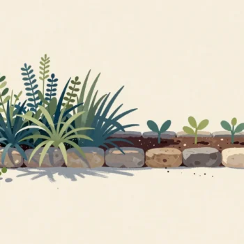 An existing overgrown garden section remains beside newly planted orderly seedlings