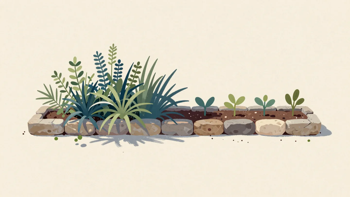 An existing overgrown garden section remains beside newly planted orderly seedlings
