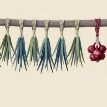 Plaits of drying onions hanging from a barn beam, many fresh ones at one end and fewer older ones further along.