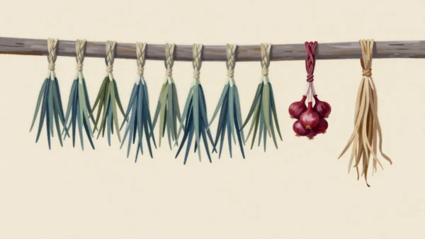 Plaits of drying onions hanging from a barn beam, many fresh ones at one end and fewer older ones further along.