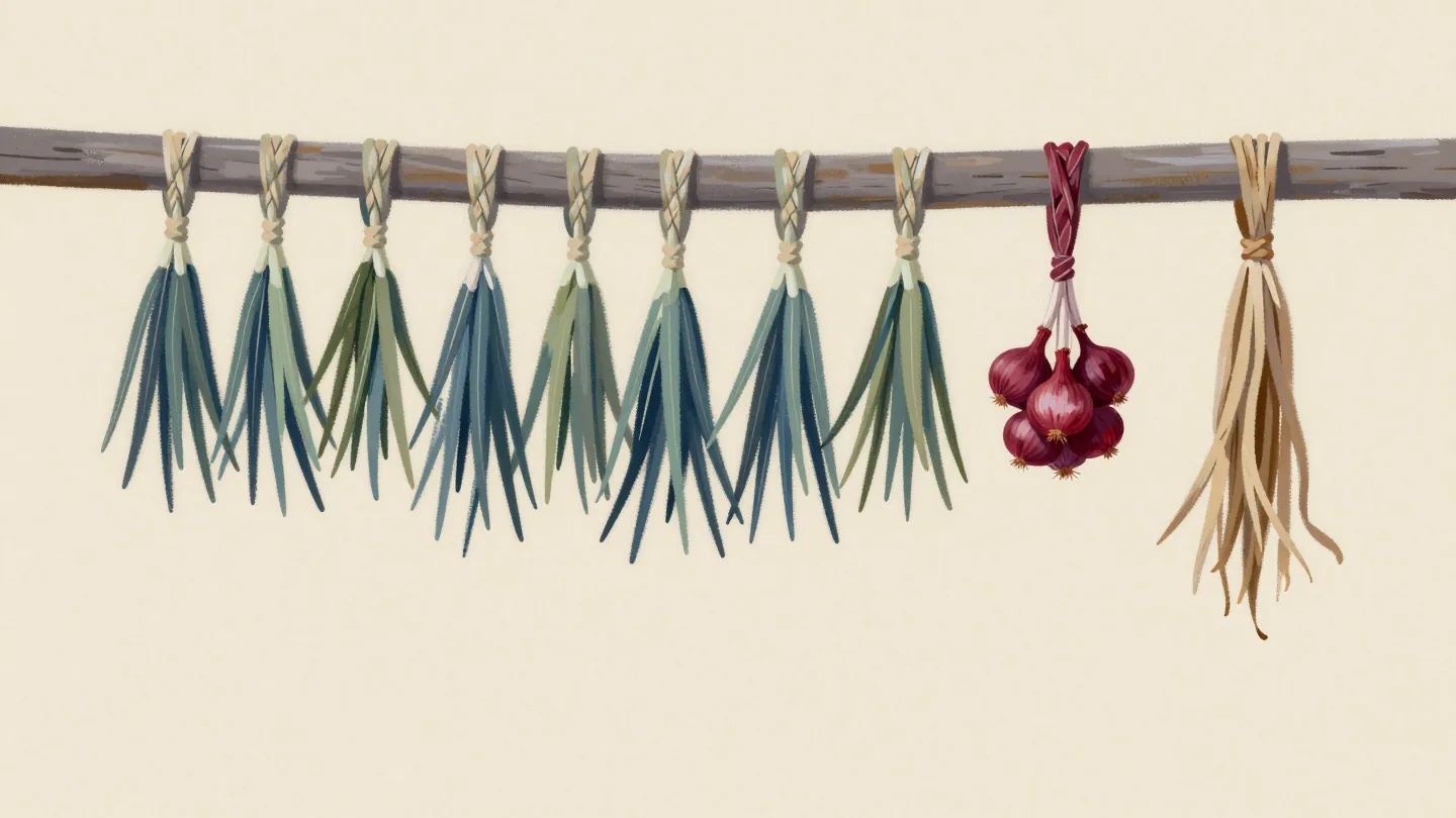 Plaits of drying onions hanging from a barn beam, many fresh ones at one end and fewer older ones further along.