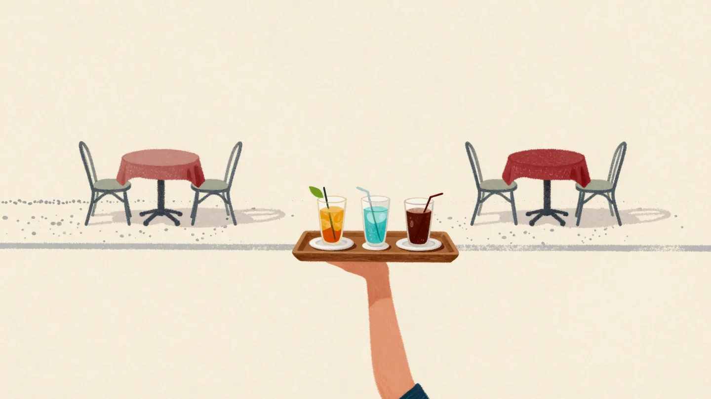 A hand carrying three drinks and a plate on one wooden tray across a cafe terrace, worn gravel paths behind.