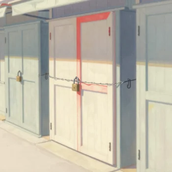 A row of market shutters locked with heavy padlocks at night, one held shut only by a twist of wire.