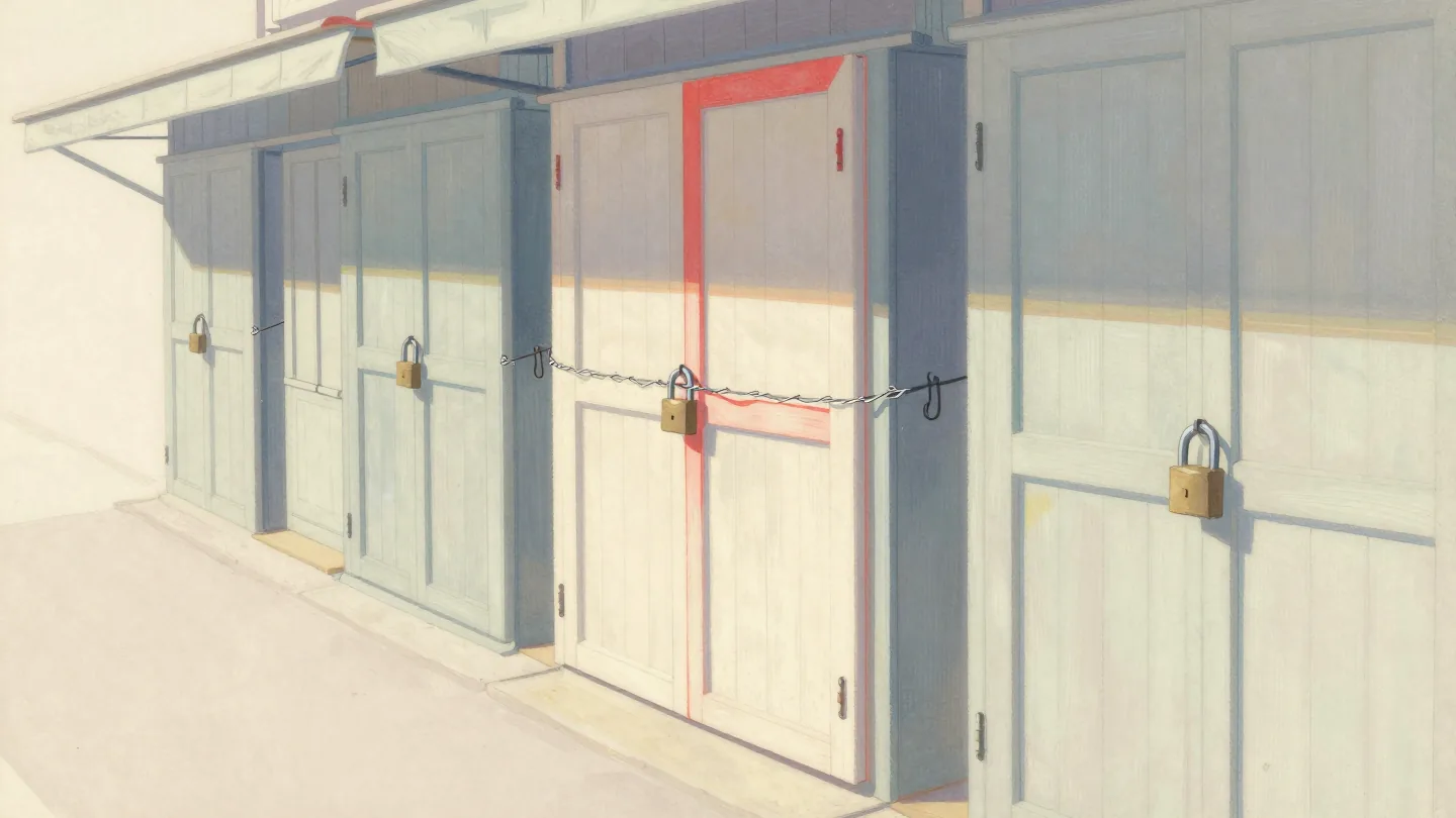 A row of market shutters locked with heavy padlocks at night, one held shut only by a twist of wire.