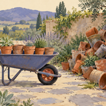 A balanced wheelbarrow carries only the needed garden pots while spare pots remain beside it