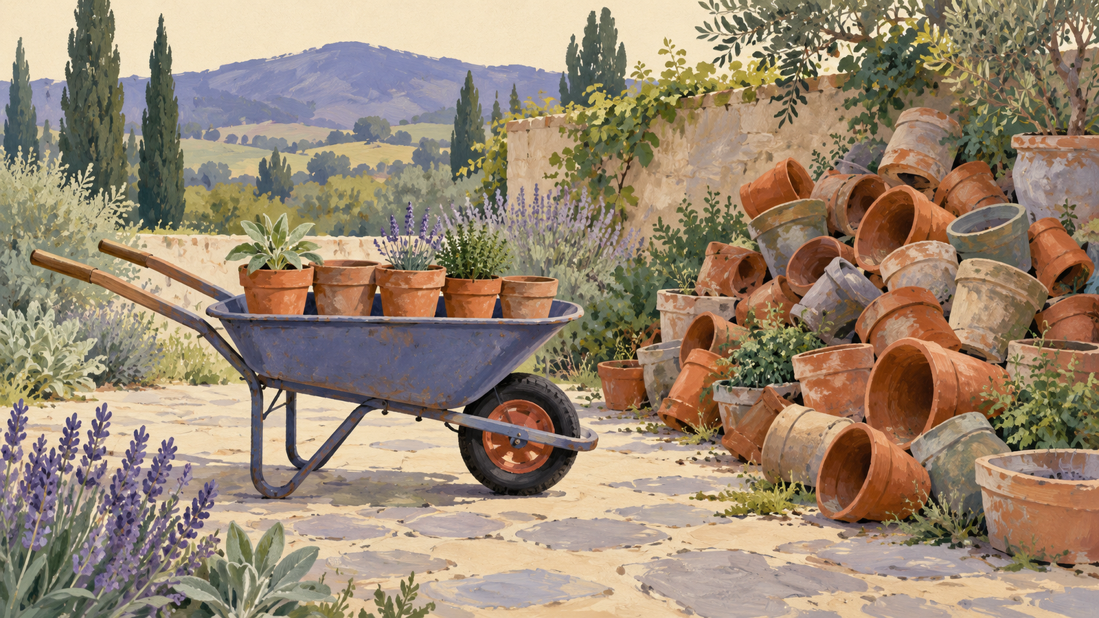 A balanced wheelbarrow carries only the needed garden pots while spare pots remain beside it