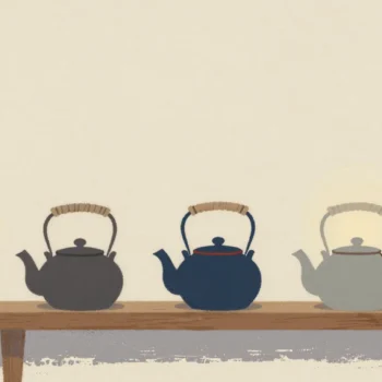 Gouache painting: a long wooden shelf of identical round teapots, each with a plain linen string tied around its handle so they can be told apart, the first teapot left bare and one string dyed vermilion