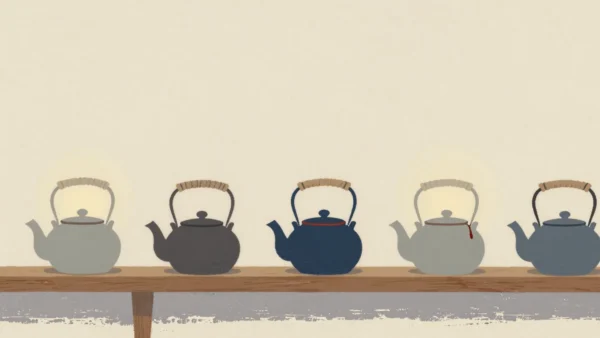 Gouache painting: a long wooden shelf of identical round teapots, each with a plain linen string tied around its handle so they can be told apart, the first teapot left bare and one string dyed vermilion