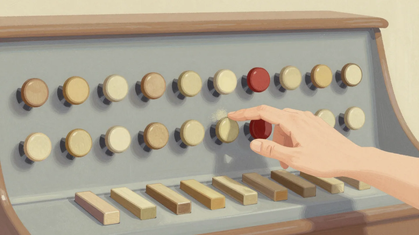 A hand pausing on a dusty draw-stop of an old church organ, the other stops polished from use