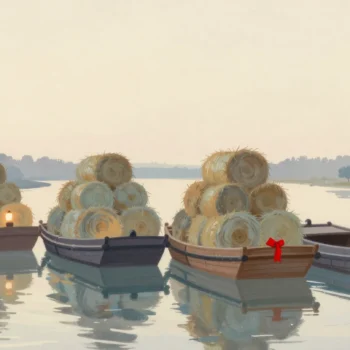 Gouache painting: a still canal at dawn with four wooden barges moored in a row, each loaded with a stack of hay bales of a different height, the fourth barge still empty, and one vermilion ribbon tied to the nearest stack