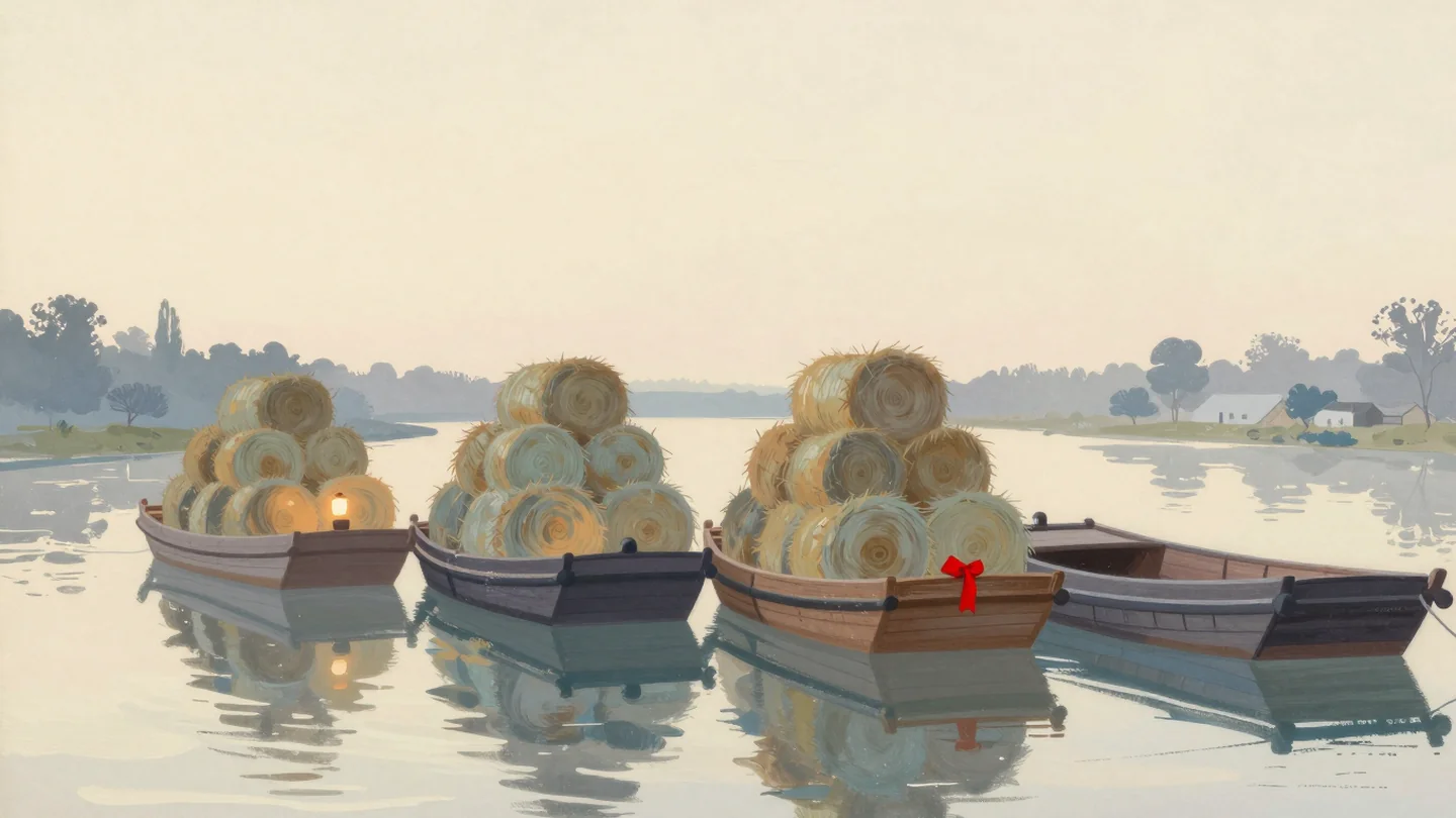 Gouache painting: a still canal at dawn with four wooden barges moored in a row, each loaded with a stack of hay bales of a different height, the fourth barge still empty, and one vermilion ribbon tied to the nearest stack