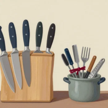 A knife block with five large knives, beside one small pot holding all the smaller utensils bunched together.