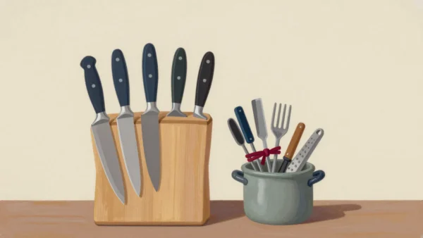 A knife block with five large knives, beside one small pot holding all the smaller utensils bunched together.