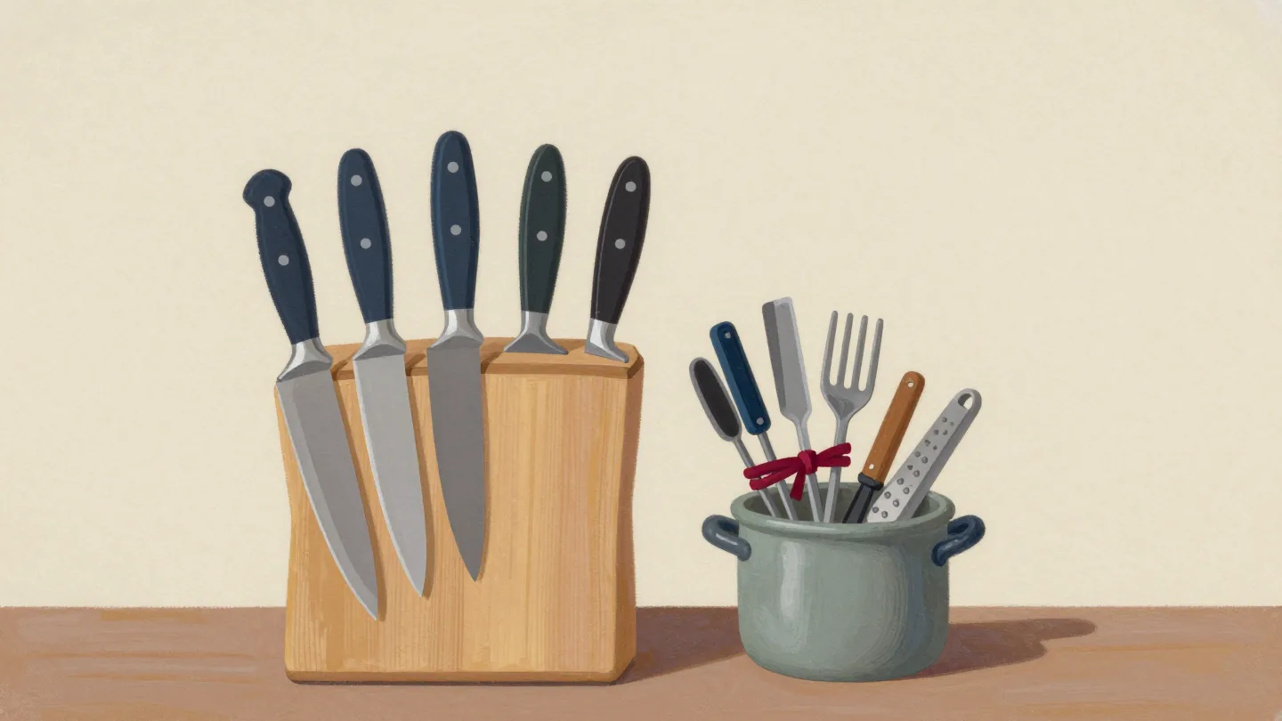 A knife block with five large knives, beside one small pot holding all the smaller utensils bunched together.