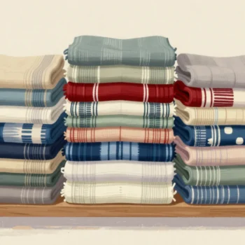 Folded patterned fabrics of different thicknesses share a shelf