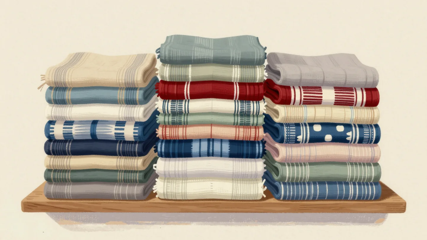 Folded patterned fabrics of different thicknesses share a shelf