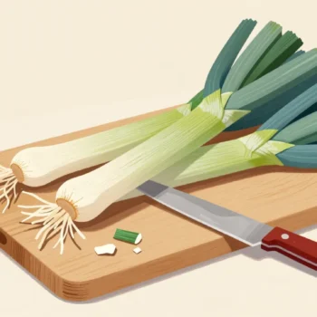 Leeks trimmed at both ends on a chopping board, roots and tough tops in two small piles.