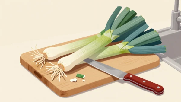 Leeks trimmed at both ends on a chopping board, roots and tough tops in two small piles.