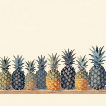 Sixteen pineapples in a row by size, split into four groups by wooden slats, one huge pineapple set apart.