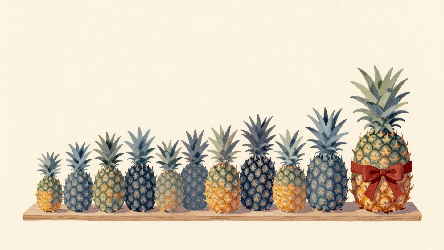 Sixteen pineapples in a row by size, split into four groups by wooden slats, one huge pineapple set apart.