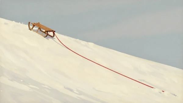 A heavy sled hauled almost to the top of a snowy slope, its red rope trailing back down