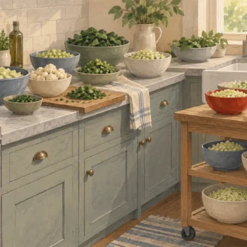 Gouache painting of a crowded kitchen counter of vegetable bowls with an extra cart beside it, one bowl vermilion.