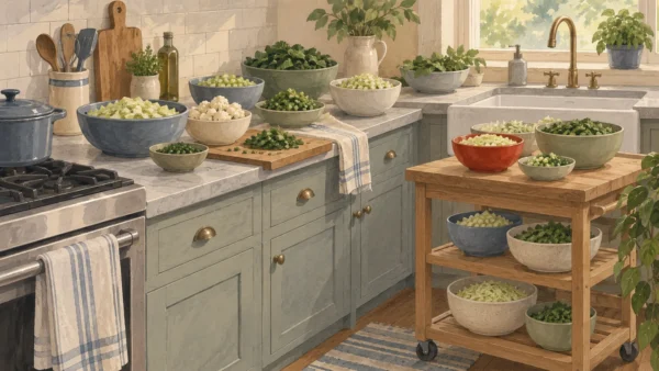 Gouache painting of a crowded kitchen counter of vegetable bowls with an extra cart beside it, one bowl vermilion.