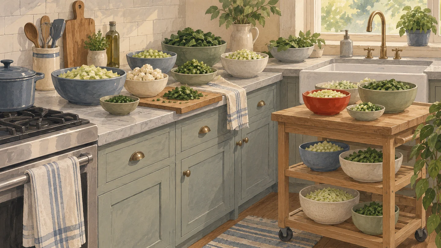 Gouache painting of a crowded kitchen counter of vegetable bowls with an extra cart beside it, one bowl vermilion.