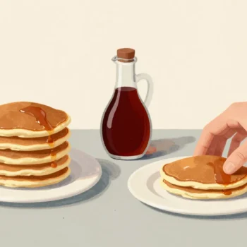 A tall stack of pancakes on one plate and a fresh plate with a single pancake, a hand adding the next one.