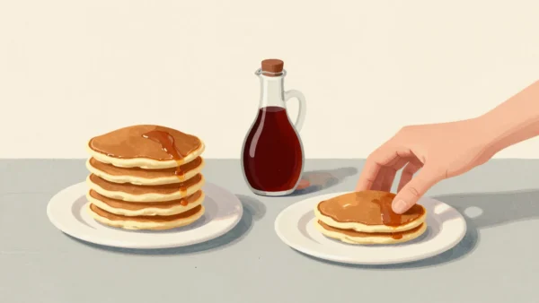 A tall stack of pancakes on one plate and a fresh plate with a single pancake, a hand adding the next one.