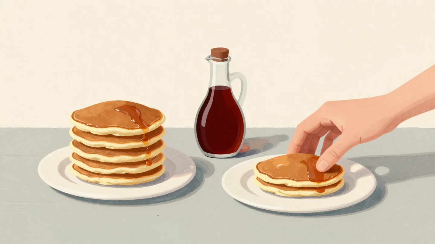 A tall stack of pancakes on one plate and a fresh plate with a single pancake, a hand adding the next one.
