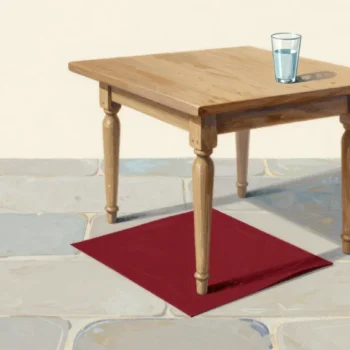 A kitchen table tilting on a level floor because one leg still sits on old folded red card.