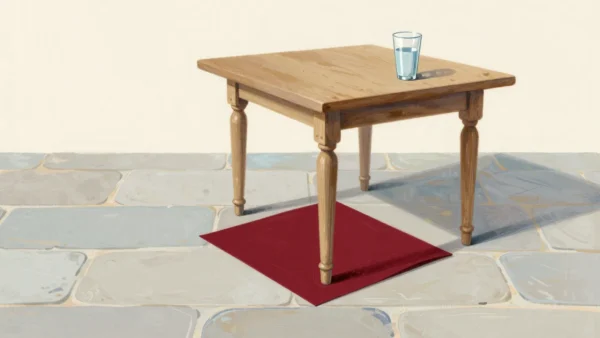 A kitchen table tilting on a level floor because one leg still sits on old folded red card.