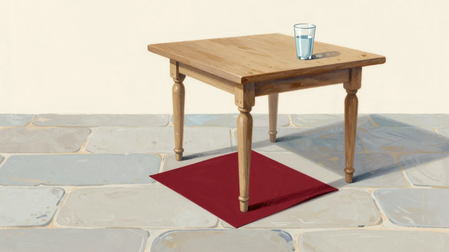A kitchen table tilting on a level floor because one leg still sits on old folded red card.