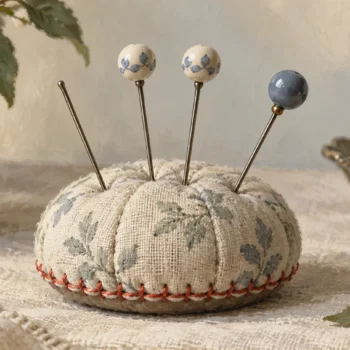 Hatpins with repeated colored heads and one bare pin in a fabric cushion