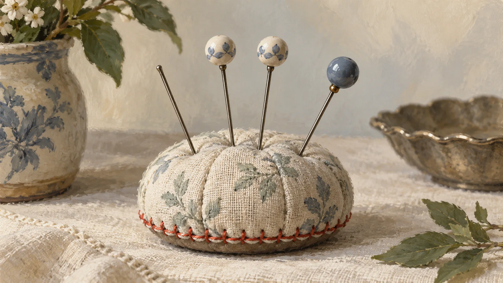 Hatpins with repeated colored heads and one bare pin in a fabric cushion
