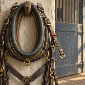 A horse collar hanging neatly with one fastening left open