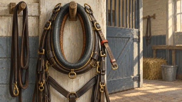 A horse collar hanging neatly with one fastening left open